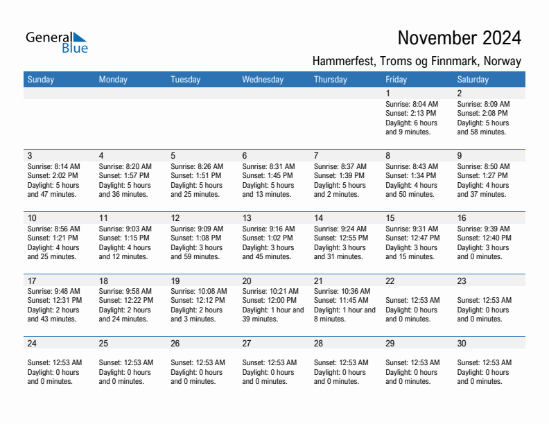 Hammerfest November 2024 sunrise and sunset calendar in PDF, Excel, and Word