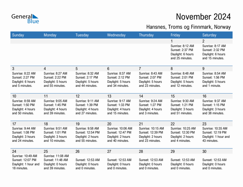 Hansnes November 2024 sunrise and sunset calendar in PDF, Excel, and Word