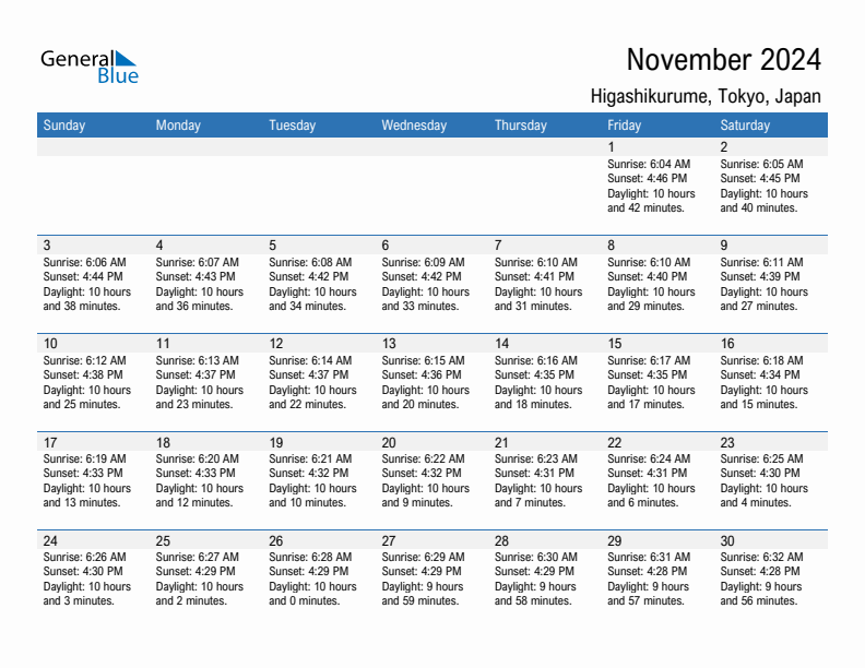 Higashikurume November 2024 sunrise and sunset calendar in PDF, Excel, and Word