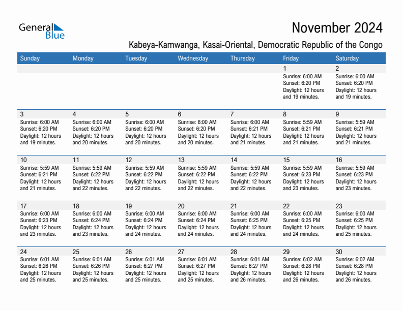 Kabeya-Kamwanga November 2024 sunrise and sunset calendar in PDF, Excel, and Word