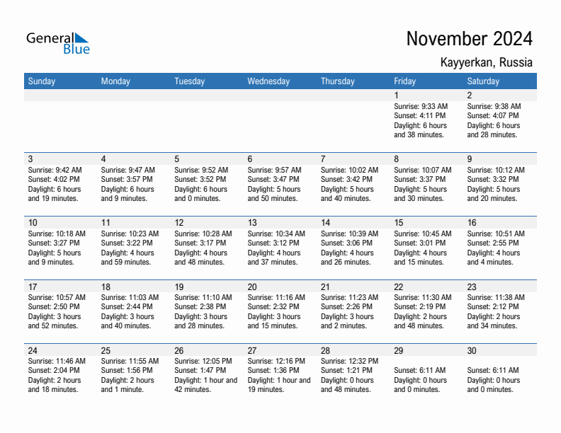 Kayyerkan November 2024 sunrise and sunset calendar in PDF, Excel, and Word