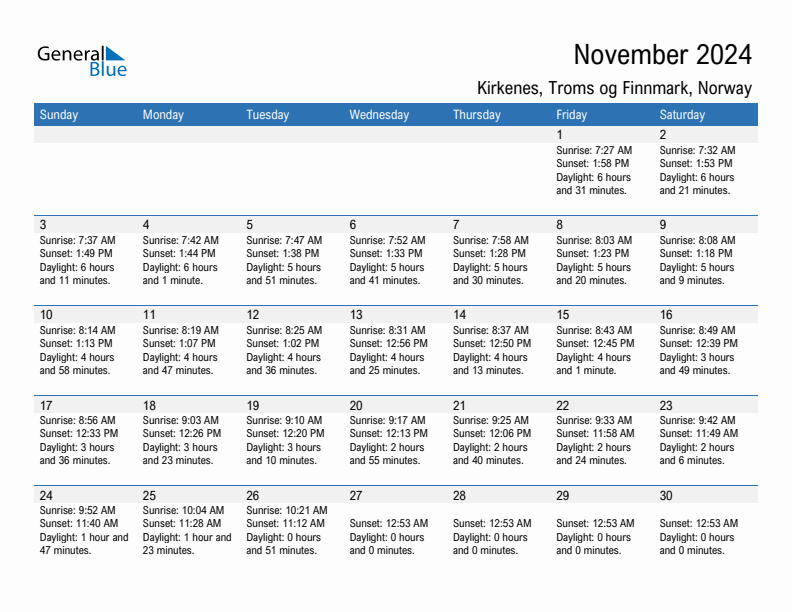 Kirkenes November 2024 sunrise and sunset calendar in PDF, Excel, and Word