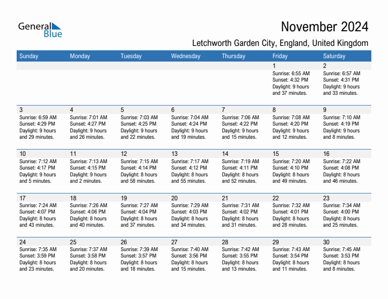 Letchworth Garden City November 2024 sunrise and sunset calendar in PDF, Excel, and Word