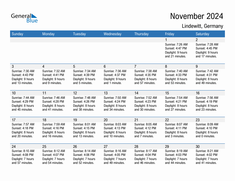 Lindewitt November 2024 sunrise and sunset calendar in PDF, Excel, and Word