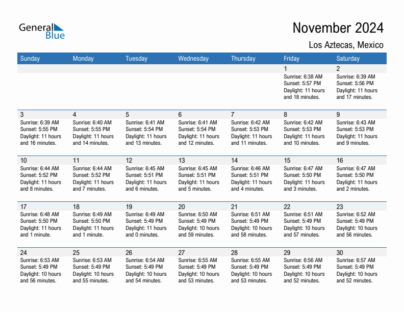 Los Aztecas November 2024 sunrise and sunset calendar in PDF, Excel, and Word