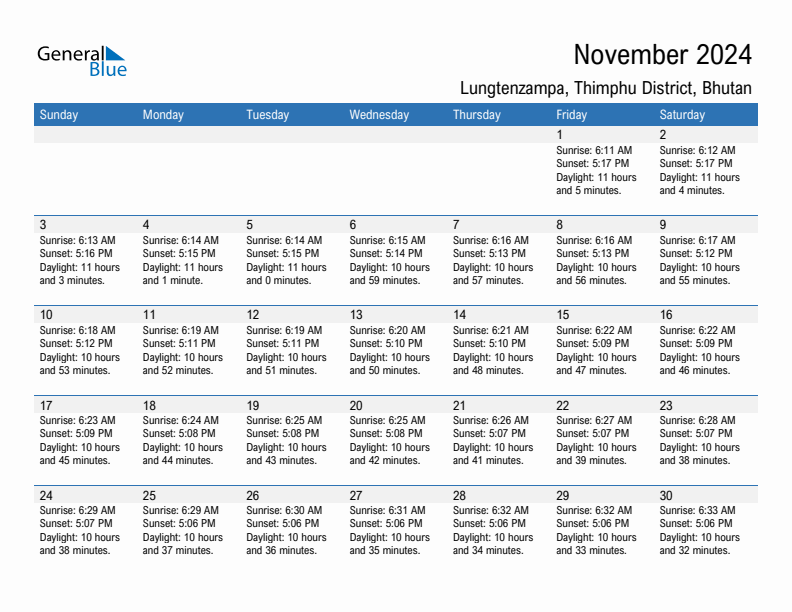 Lungtenzampa November 2024 sunrise and sunset calendar in PDF, Excel, and Word