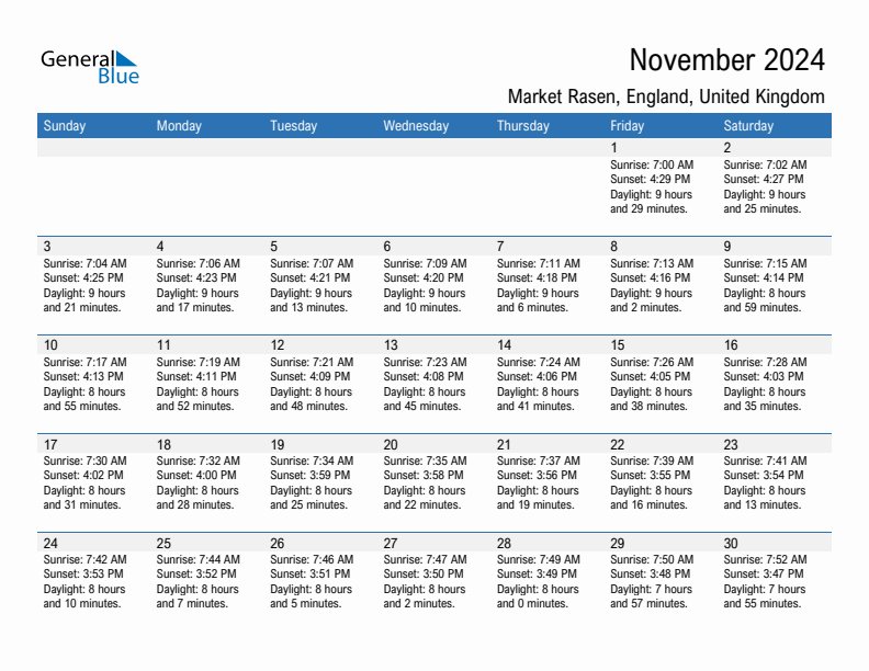 Market Rasen November 2024 sunrise and sunset calendar in PDF, Excel, and Word