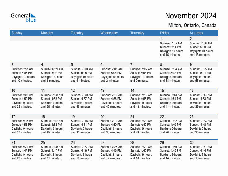 Milton November 2024 sunrise and sunset calendar in PDF, Excel, and Word