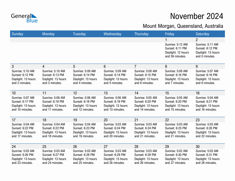 Mount Morgan November 2024 sunrise and sunset calendar in PDF, Excel, and Word