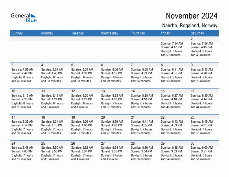 Naerbo November 2024 sunrise and sunset calendar in PDF, Excel, and Word