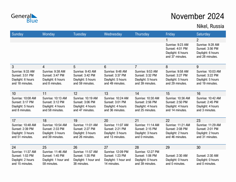 Nikel November 2024 sunrise and sunset calendar in PDF, Excel, and Word