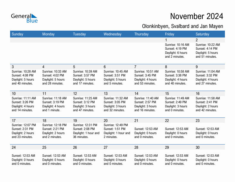 Olonkinbyen November 2024 sunrise and sunset calendar in PDF, Excel, and Word