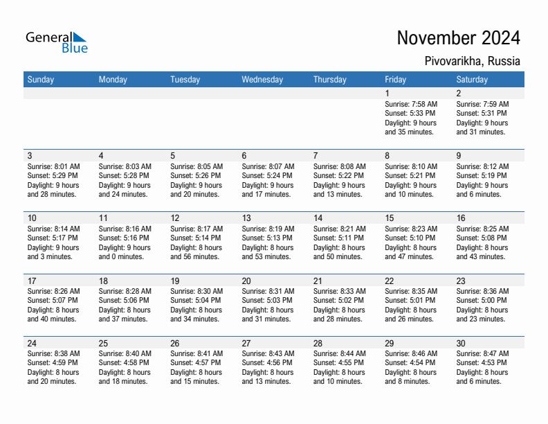 Pivovarikha November 2024 sunrise and sunset calendar in PDF, Excel, and Word