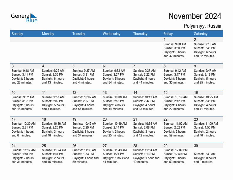 Polyarnyy November 2024 sunrise and sunset calendar in PDF, Excel, and Word