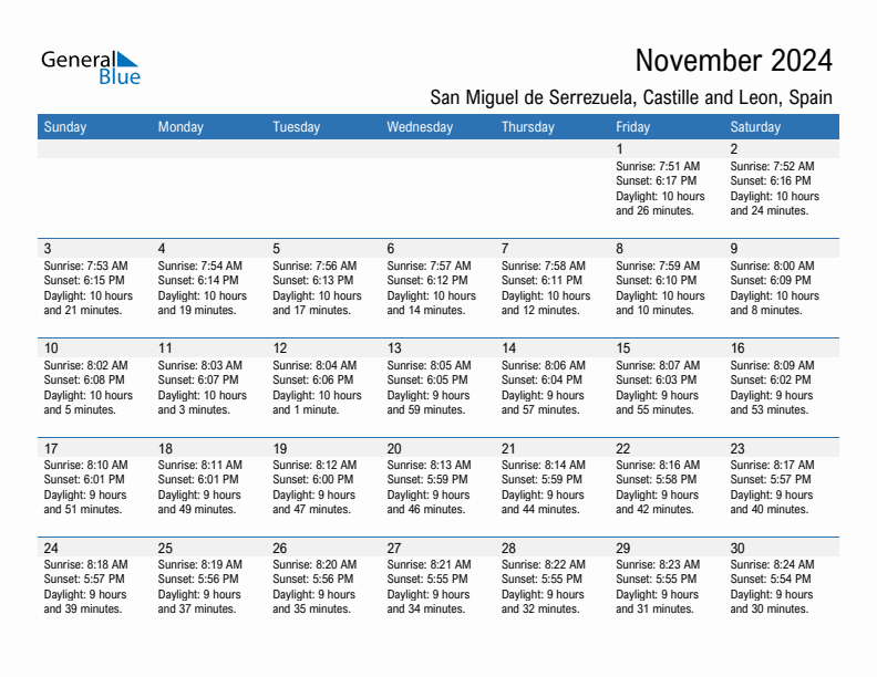 San Miguel de Serrezuela November 2024 sunrise and sunset calendar in PDF, Excel, and Word