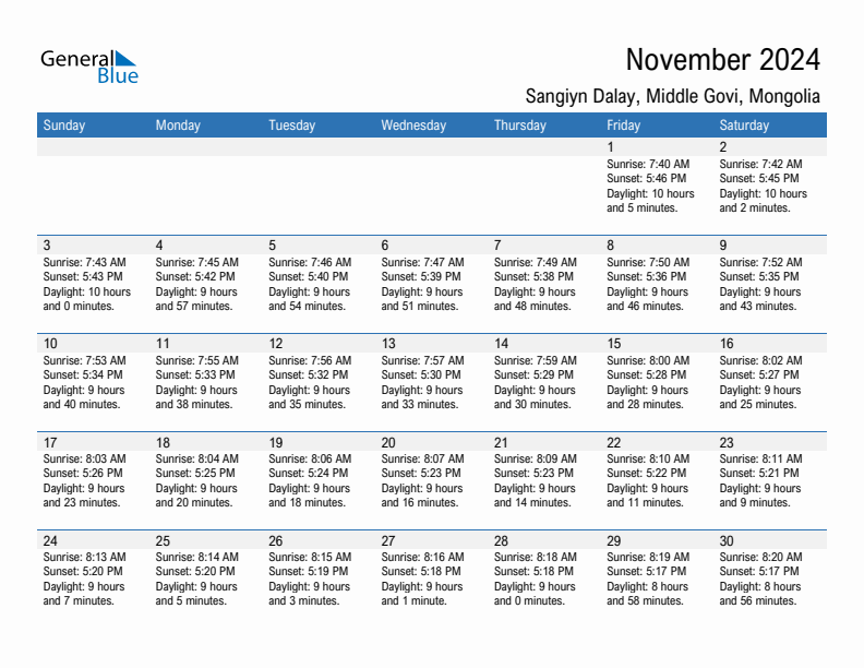 Sangiyn Dalay November 2024 sunrise and sunset calendar in PDF, Excel, and Word