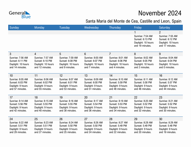 Santa Maria del Monte de Cea November 2024 sunrise and sunset calendar in PDF, Excel, and Word