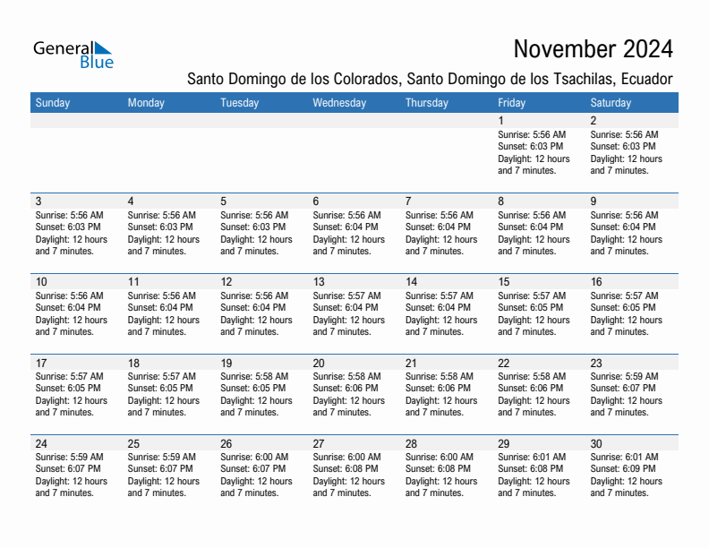 Santo Domingo de los Colorados November 2024 sunrise and sunset calendar in PDF, Excel, and Word