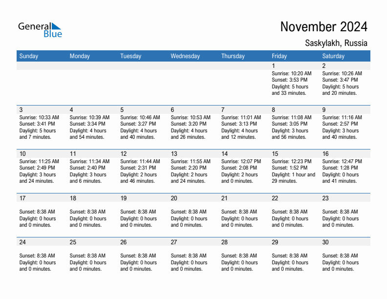 Saskylakh November 2024 sunrise and sunset calendar in PDF, Excel, and Word