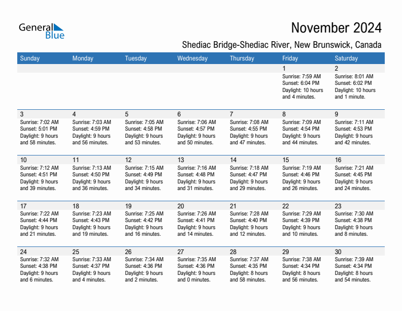 Shediac Bridge-Shediac River November 2024 sunrise and sunset calendar in PDF, Excel, and Word