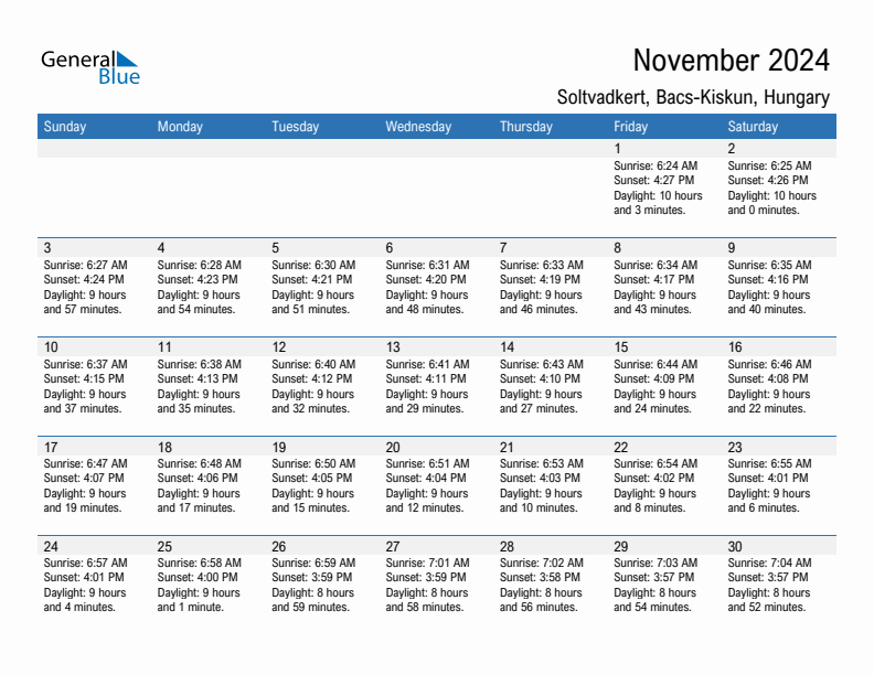 Soltvadkert November 2024 sunrise and sunset calendar in PDF, Excel, and Word