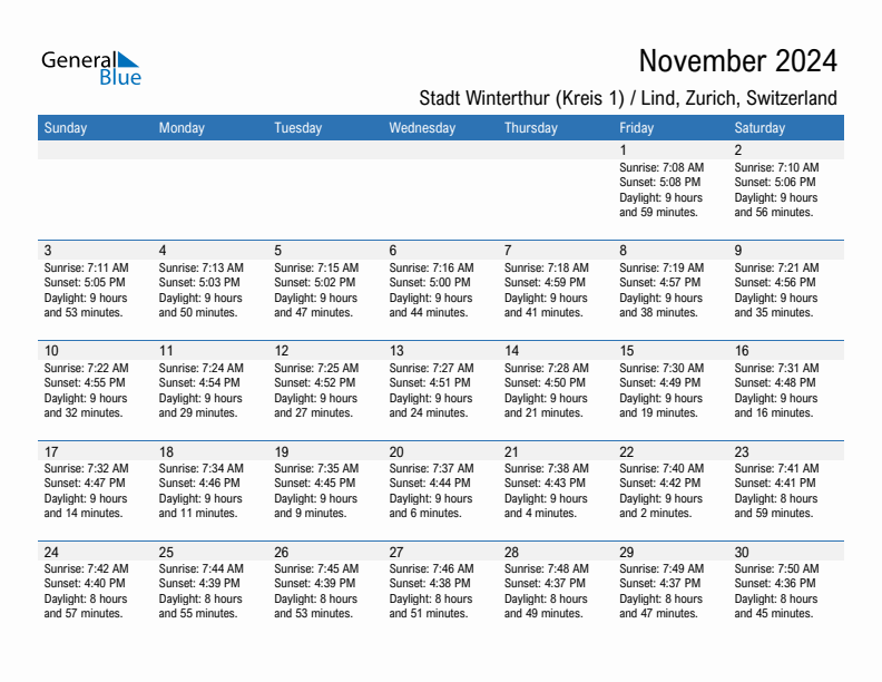 Stadt Winterthur (Kreis 1) / Lind November 2024 sunrise and sunset calendar in PDF, Excel, and Word