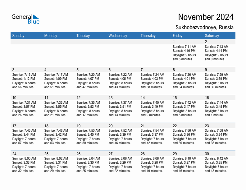 Sukhobezvodnoye November 2024 sunrise and sunset calendar in PDF, Excel, and Word