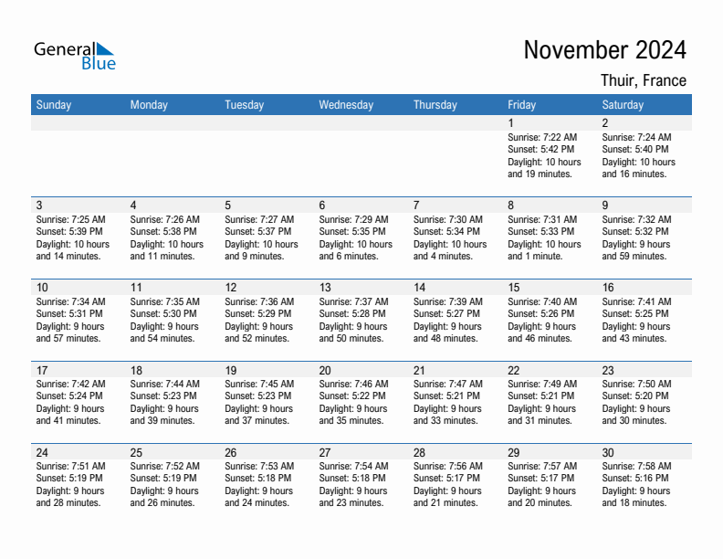 Thuir November 2024 sunrise and sunset calendar in PDF, Excel, and Word