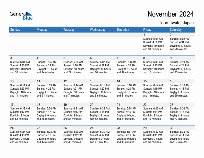 Tono November 2024 sunrise and sunset calendar in PDF, Excel, and Word