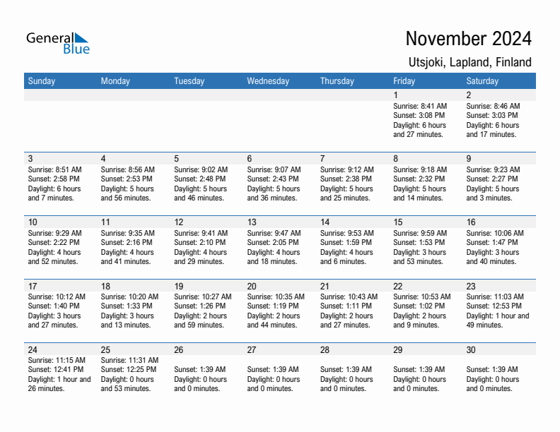 Utsjoki November 2024 sunrise and sunset calendar in PDF, Excel, and Word