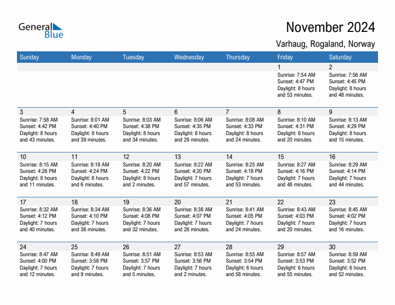 Varhaug November 2024 sunrise and sunset calendar in PDF, Excel, and Word