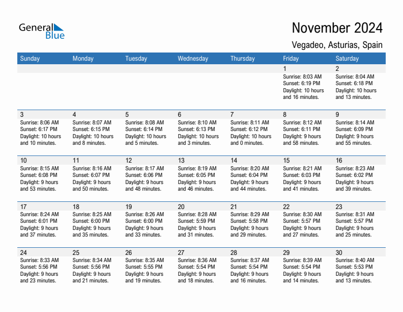 Vegadeo November 2024 sunrise and sunset calendar in PDF, Excel, and Word