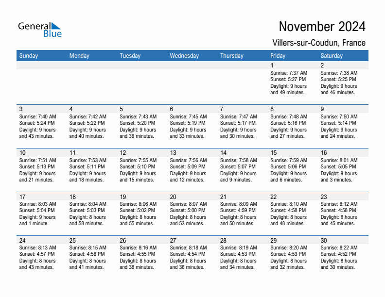 Villers-sur-Coudun November 2024 sunrise and sunset calendar in PDF, Excel, and Word