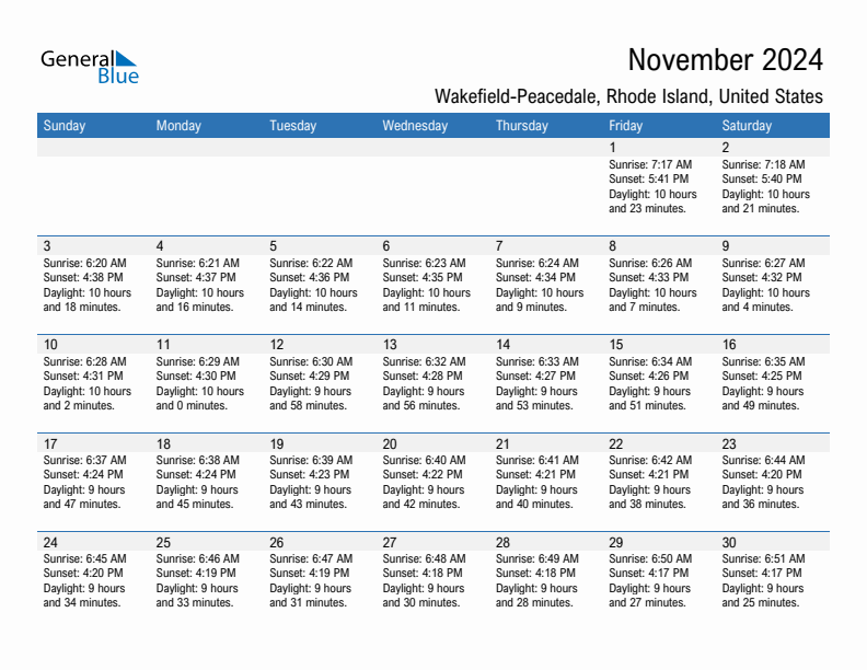 Wakefield-Peacedale November 2024 sunrise and sunset calendar in PDF, Excel, and Word