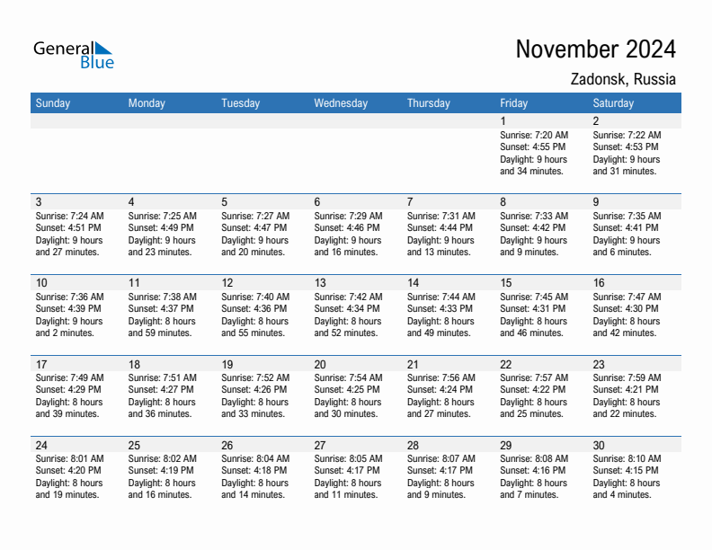 Zadonsk November 2024 sunrise and sunset calendar in PDF, Excel, and Word