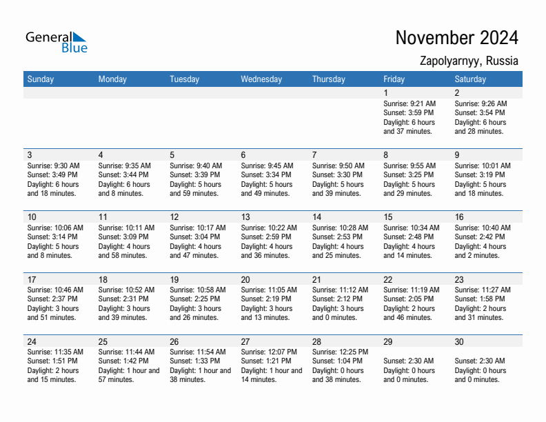 Zapolyarnyy November 2024 sunrise and sunset calendar in PDF, Excel, and Word