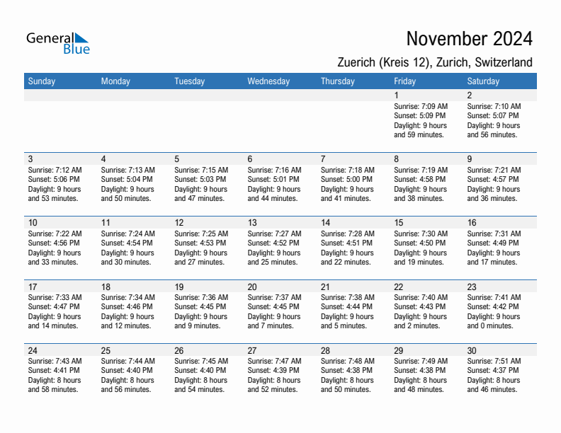 Zuerich (Kreis 12) November 2024 sunrise and sunset calendar in PDF, Excel, and Word