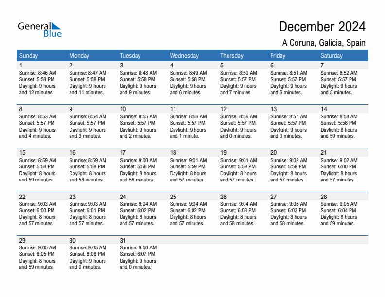 A Coruna December 2024 sunrise and sunset calendar in PDF, Excel, and Word