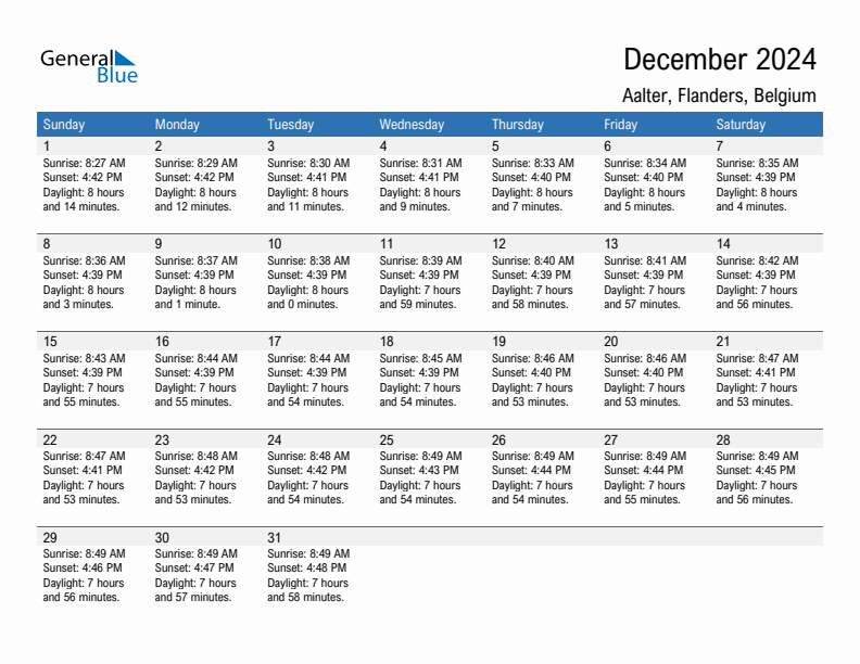 Aalter December 2024 sunrise and sunset calendar in PDF, Excel, and Word