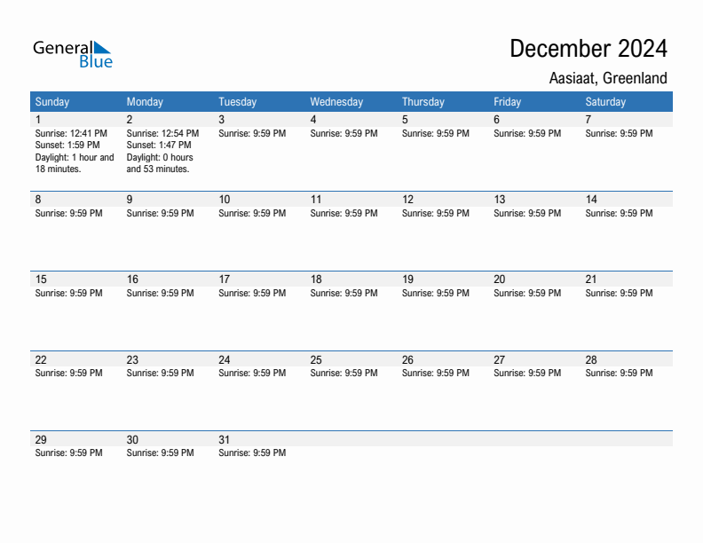 Aasiaat December 2024 sunrise and sunset calendar in PDF, Excel, and Word