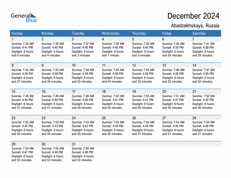 Abadzekhskaya December 2024 sunrise and sunset calendar in PDF, Excel, and Word