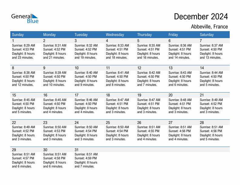 Abbeville December 2024 sunrise and sunset calendar in PDF, Excel, and Word