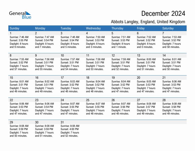 Abbots Langley December 2024 sunrise and sunset calendar in PDF, Excel, and Word