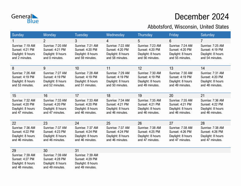 Abbotsford December 2024 sunrise and sunset calendar in PDF, Excel, and Word