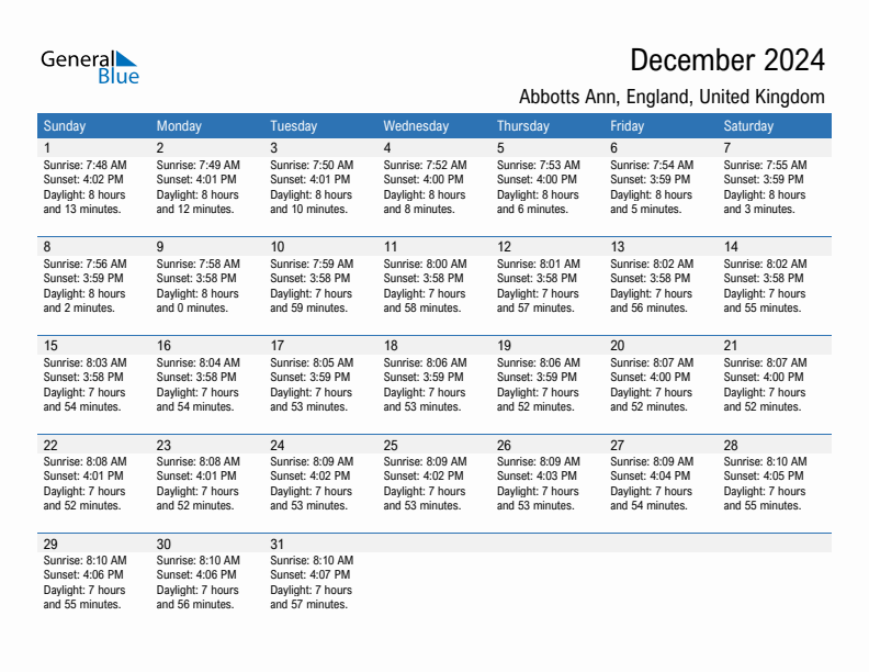 Abbotts Ann December 2024 sunrise and sunset calendar in PDF, Excel, and Word