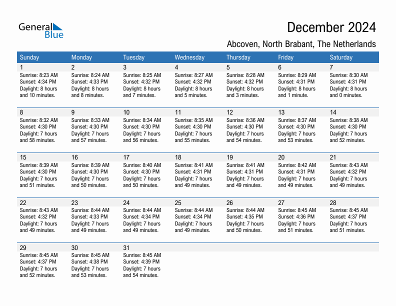 Abcoven December 2024 sunrise and sunset calendar in PDF, Excel, and Word