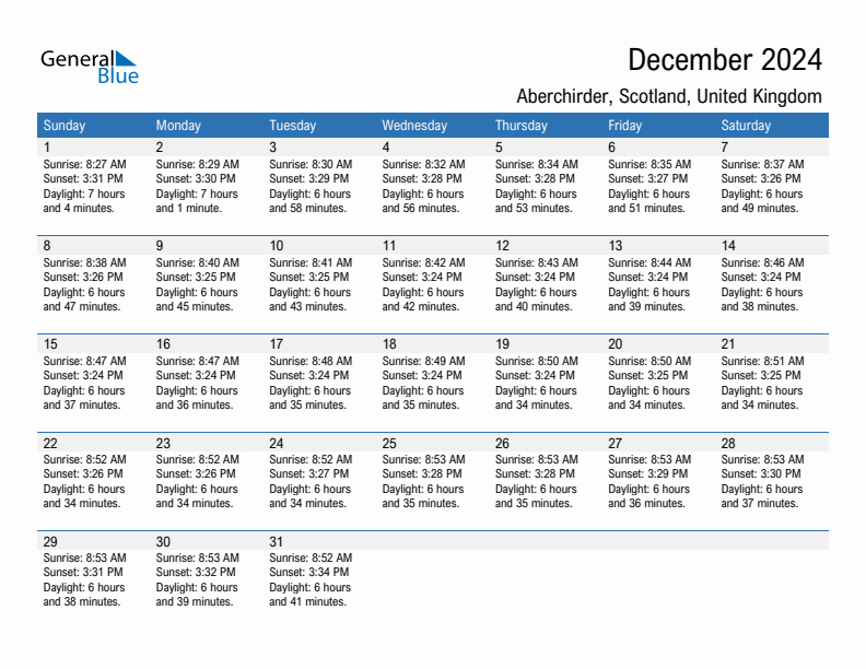 Aberchirder December 2024 sunrise and sunset calendar in PDF, Excel, and Word