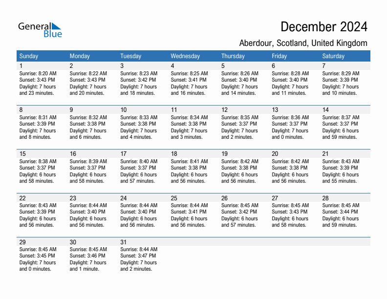 Aberdour December 2024 sunrise and sunset calendar in PDF, Excel, and Word