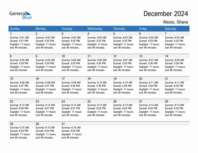 Aboso December 2024 sunrise and sunset calendar in PDF, Excel, and Word