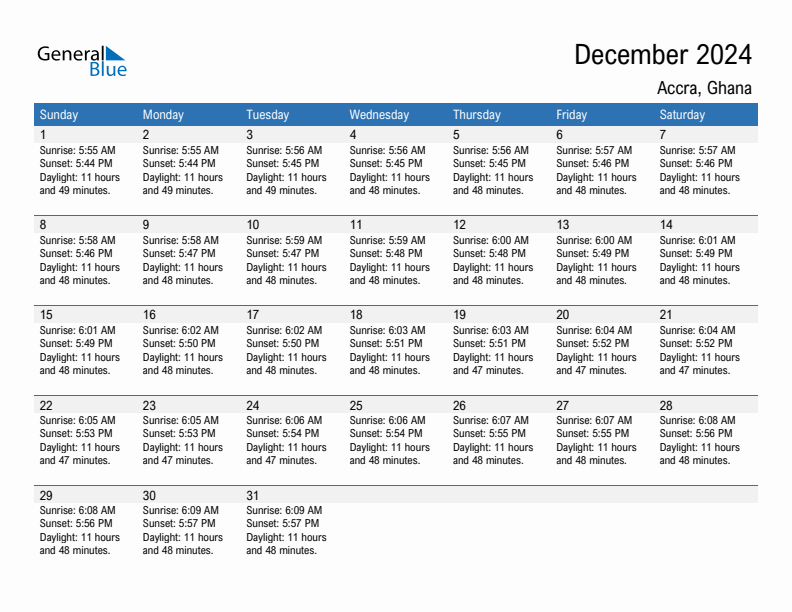 Accra December 2024 sunrise and sunset calendar in PDF, Excel, and Word